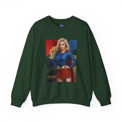 Supergirl Sweatshirt, DC Comics Crewneck, Iconic Superhero Apparel for Fans — green crewneck with illustrated Supergirl in blue top and red skirt