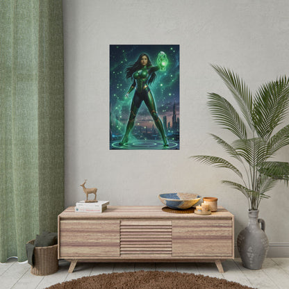 Jessica Cruz Poster, DC Comics Wall Art Print – Heroine Decor hung above modern media console in gamer room