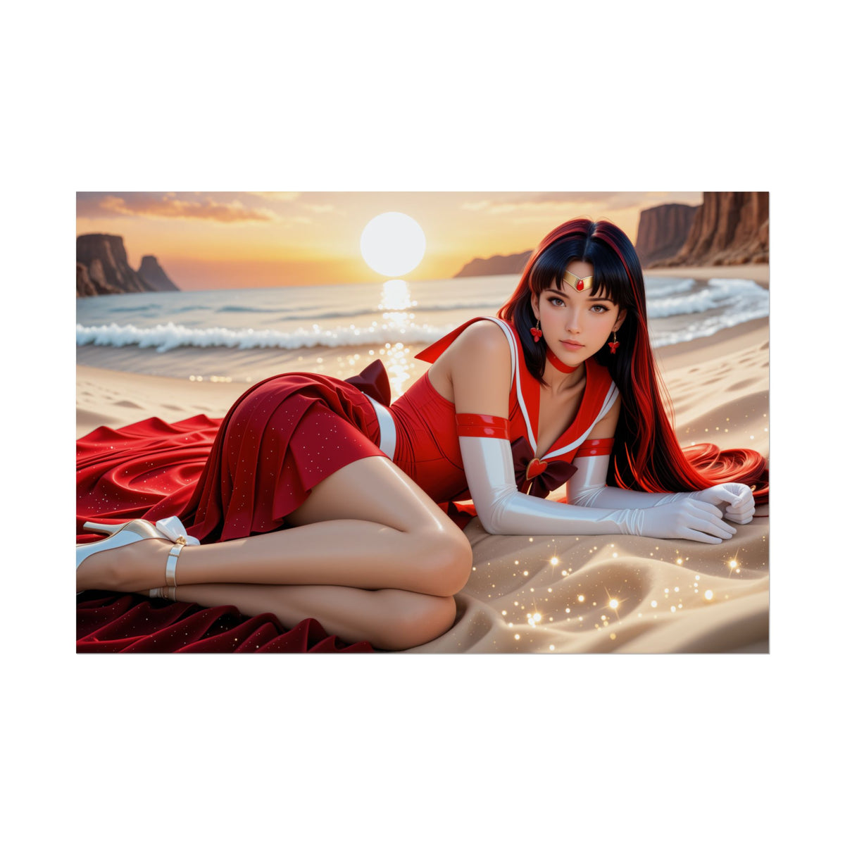 Waifu Wall Art Poster | Sailor Mars Anime Print for Mystic Otaku Setup  cinematic Sailor Mars in red violet outfit reclining on beach at sunset
