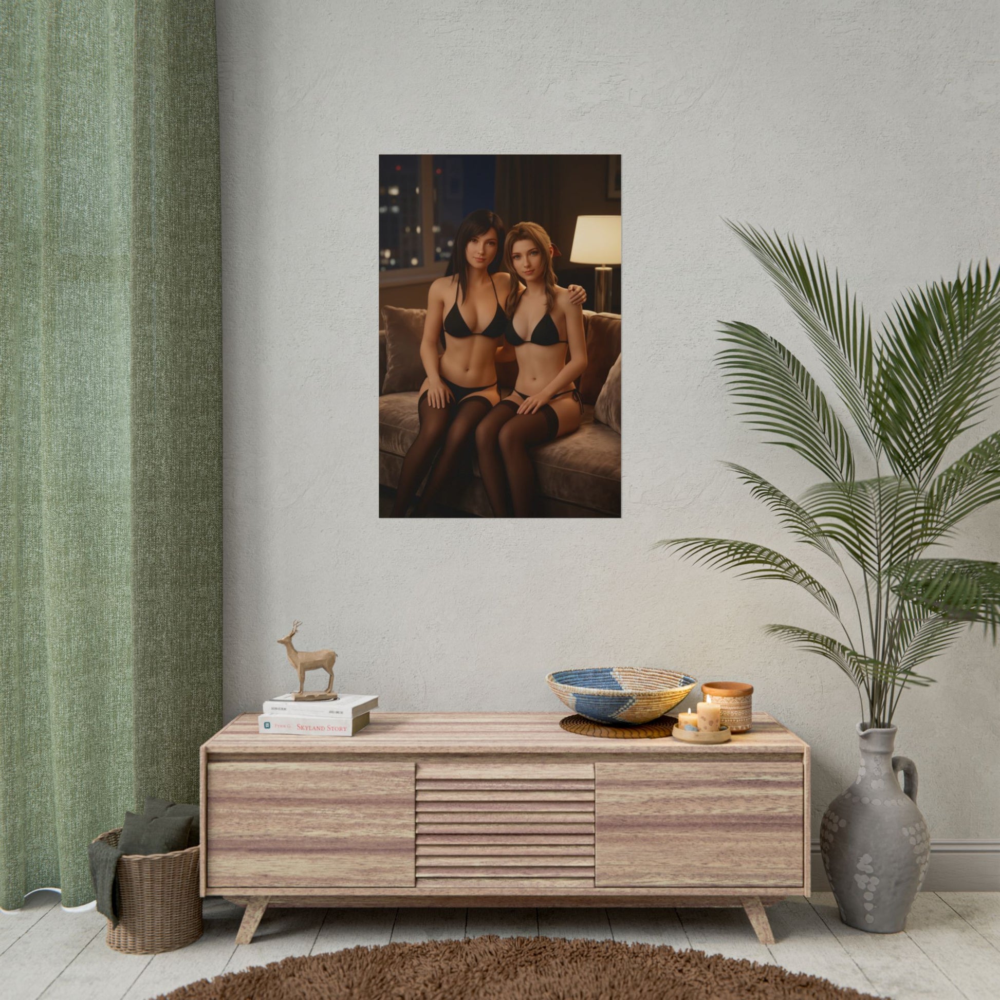 Tifa Aerith Poster, Final Fantasy Art Print – Legendary JRPG Duo Wall Art displayed in modern gamer room decor
