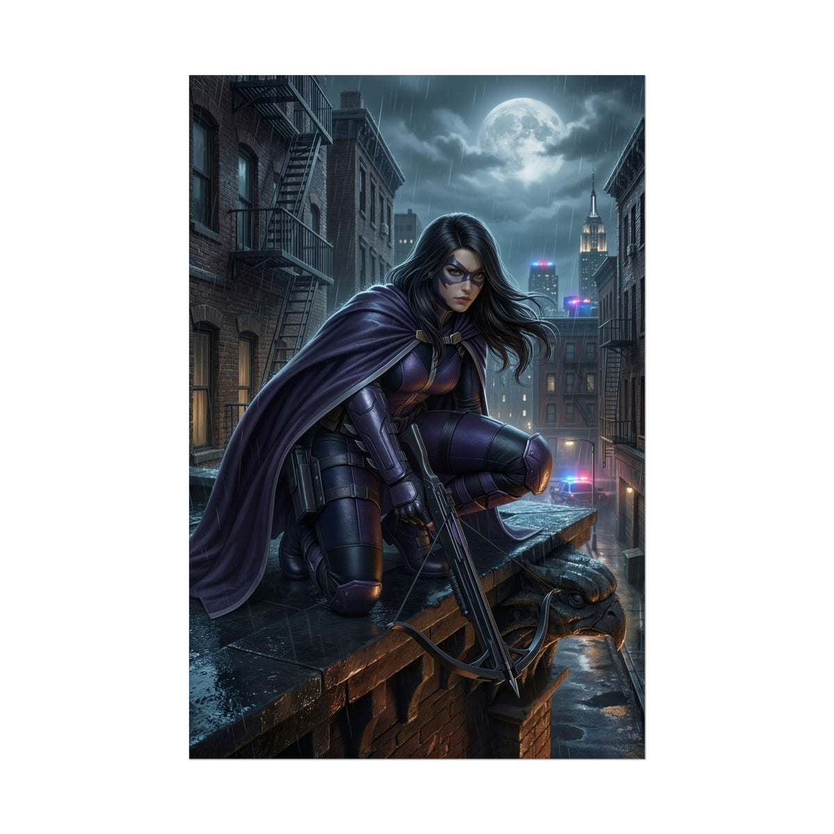 Huntress Poster, DC Comics Art Print  Vigilante Wall Art - moody rooftop scene of Huntress in purple costume aiming crossbow over rain-soaked city