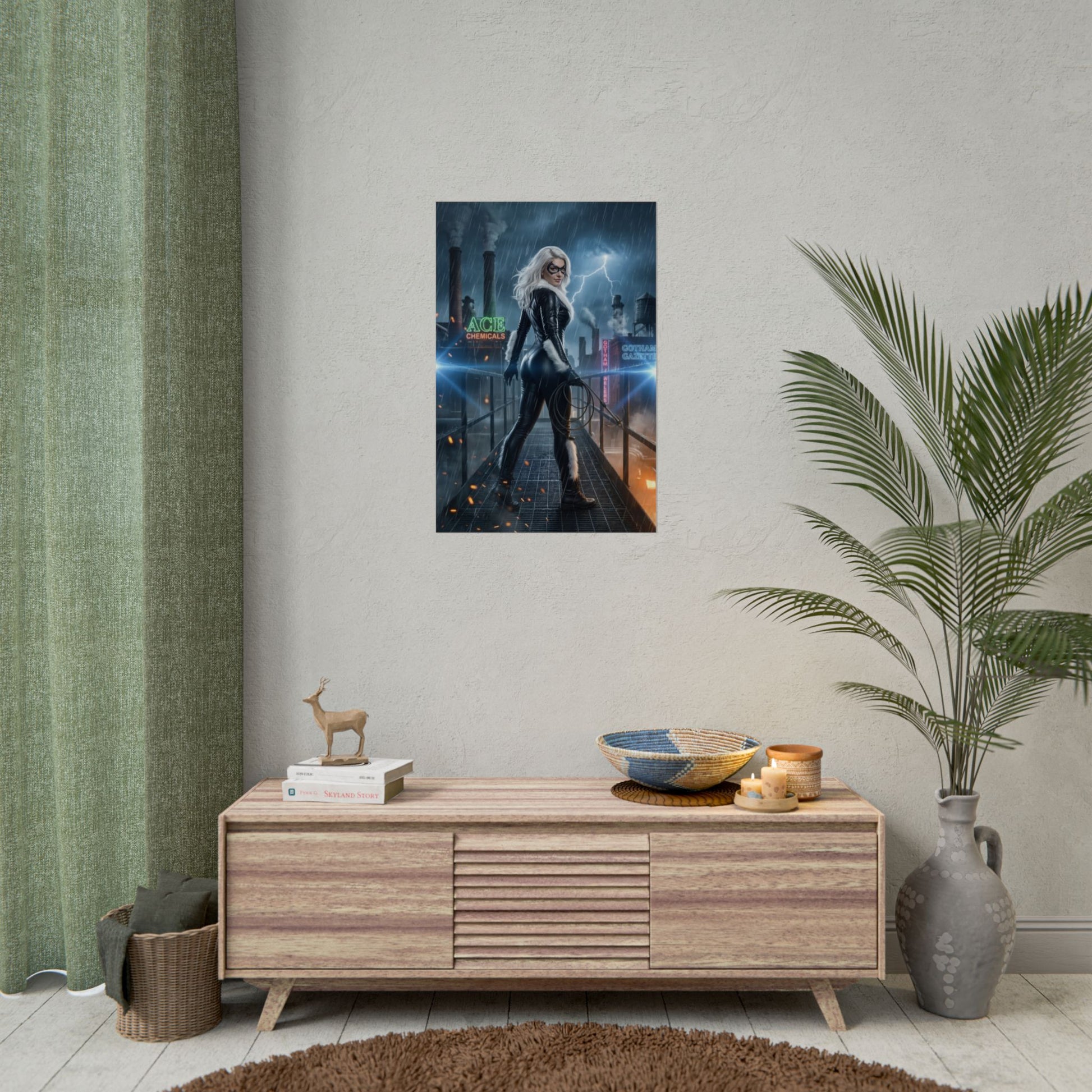 Black Cat Poster, Marvel Art Print – Iconic Comic Anti-Heroine Wall Art hanging in modern living room over console, high-res stylized print