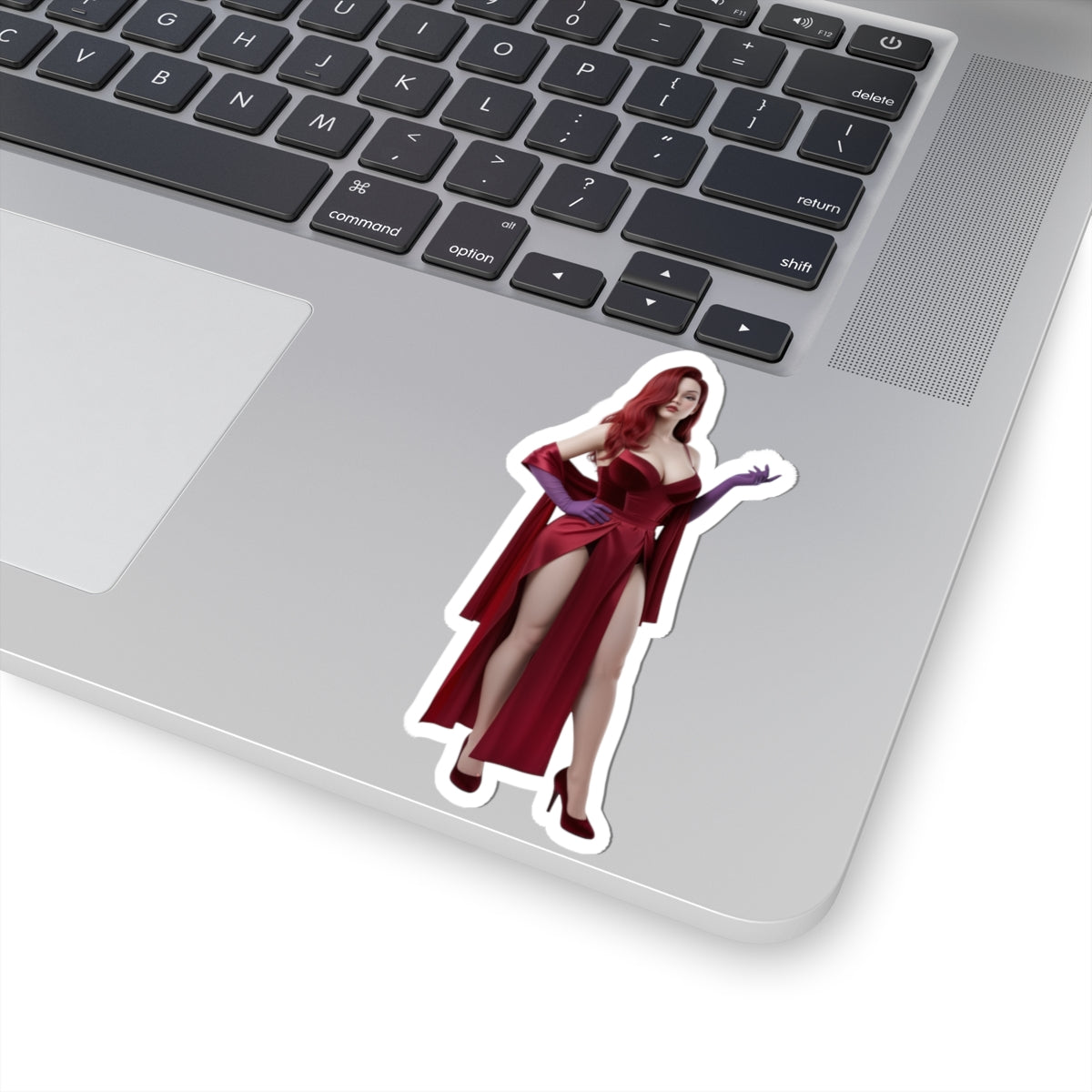 Jessica Rabbit Sticker – Iconic Cartoon Vinyl Sticker for Laptops & Indoor Decor showing glossy die-cut vinyl decal on silver laptop with vibrant red dress