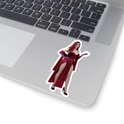 Jessica Rabbit Sticker – Iconic Cartoon Vinyl Sticker for Laptops & Indoor Decor showing glossy die-cut vinyl decal on silver laptop with vibrant red dress