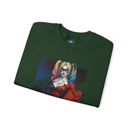 Harley Quinn Sweatshirt, DC Comics Crewneck, Iconic Comic Apparel for Fans – green crewneck with Harley Quinn red-and-black artwork