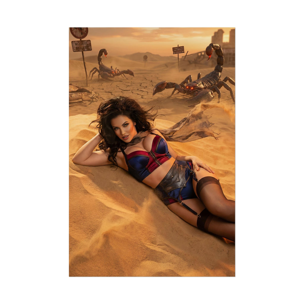 Fallout Pinup Woman Poster / Fallout Pinup Wall Art / Fallout Pinup Art Print / Fallout Poster - bold retro-futuristic pinup woman reclining in desert with giant mechanical scorpions