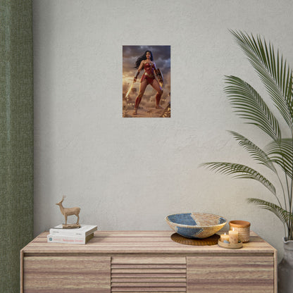 Wonder Woman Poster, DC Comics Wall Art Print – Heroine Decor on neutral wall above console in modern gaming or media room