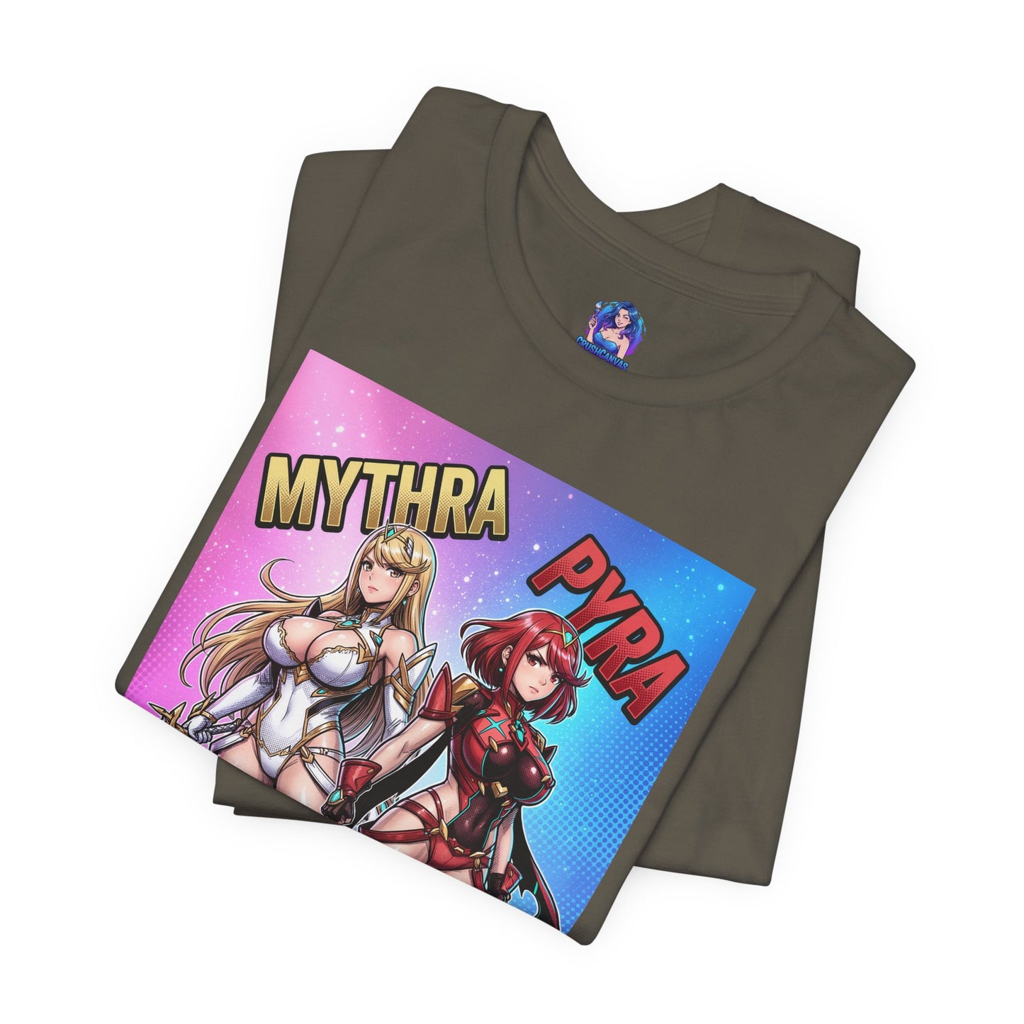 Mythra and Pyra T-Shirt | Anime Tee for Gamers front view showing Mythra and Pyra side-by-side printed on Bella Canvas 3001 tee