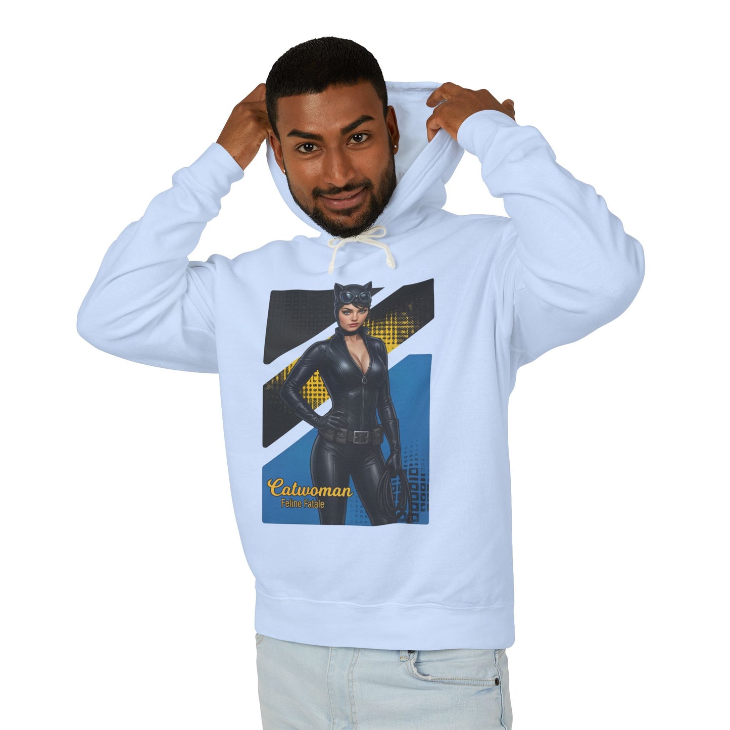 Catwoman Hoodie | DC Comics Hoodie | Anime Gotham Anti-Heroine Pullover - man modeling light blue pullover with anime-style Catwoman graphic