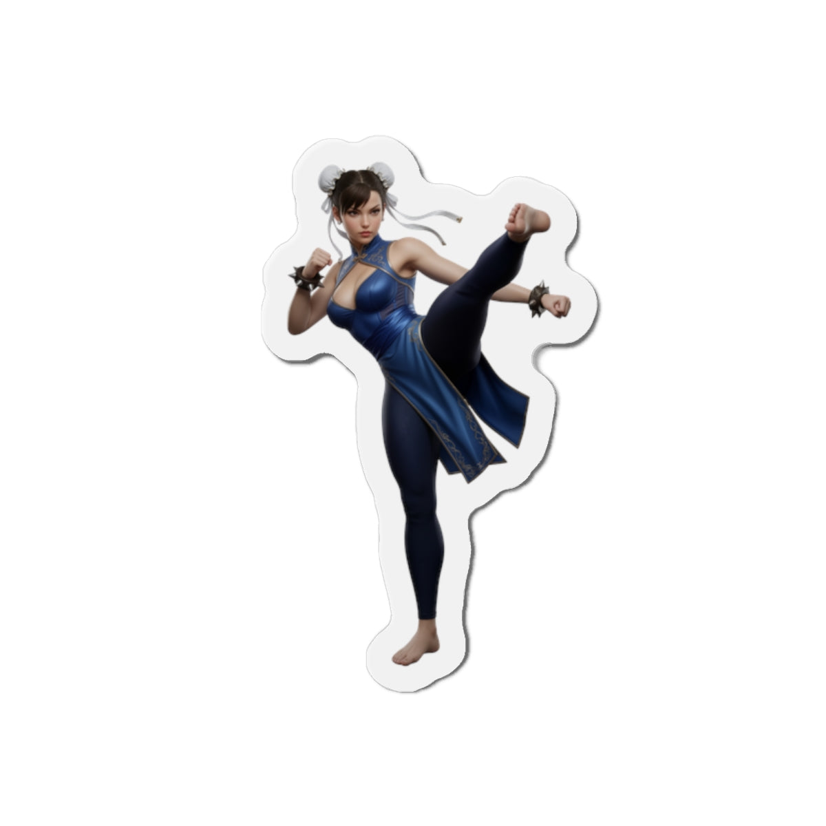 Chun-Li Magnet – Street Fighter Anime Heroine Fridge Magnet, Game Decor, die-cut vinyl magnet showing Chun-Li in blue outfit kicking