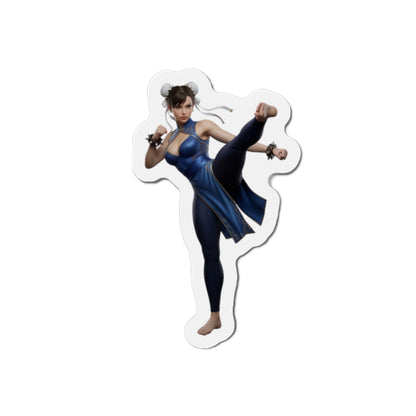 Chun-Li Magnet – Street Fighter Anime Heroine Fridge Magnet, Game Decor, die-cut vinyl magnet showing Chun-Li in blue outfit kicking