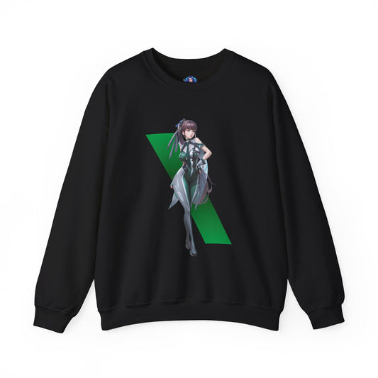 Eve Stellar Blade Sweatshirt, Sci-Fi Action Crewneck, Premium Gaming Streetwear for Fans - black crewneck with Eve character artwork and silver-blue tones