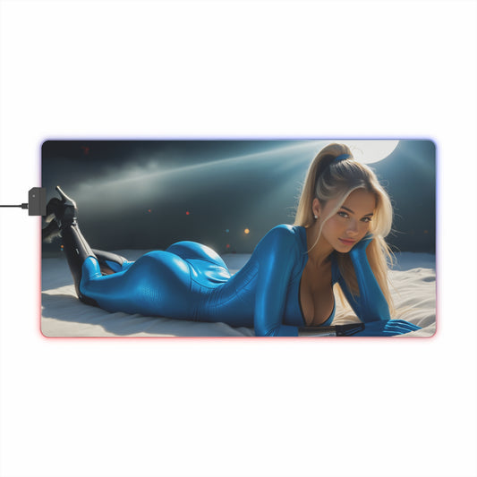 Samus Aran Desk Mat – LED RGB Pad, Waifu Anime Girl Gaming Setup showing blue-suited waifu character on RGB illuminated precision-cloth surface