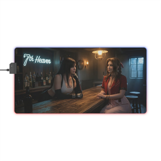 Tifa Lockhart & Aerith Gainsborough Desk Mat – LED RGB Pad showing Tifa and Aerith seated at a bar with 7th Heaven neon sign, RGB edge lighting
