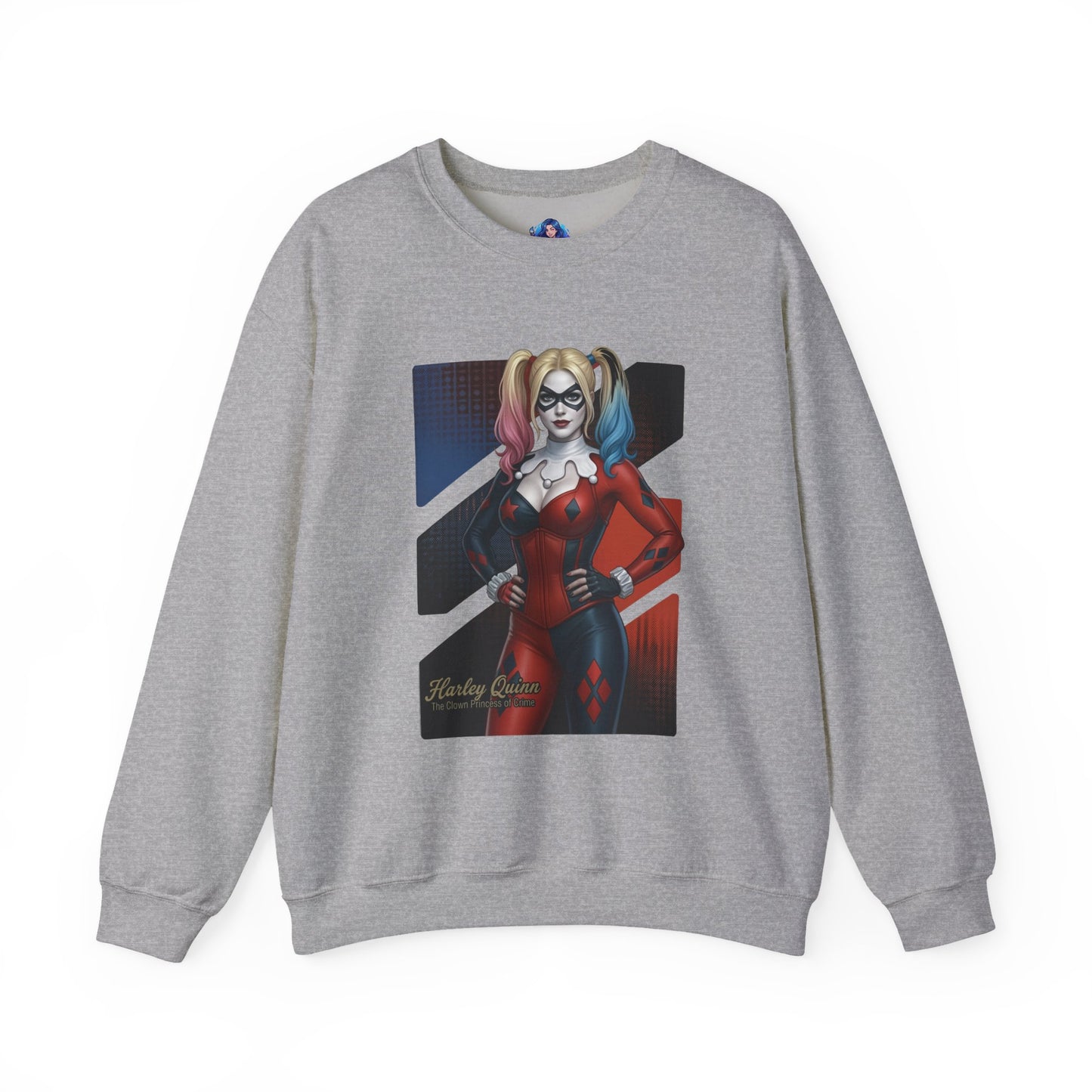 Harley Quinn Sweatshirt, DC Comics Crewneck, Iconic Comic Apparel for Fans — gray crewneck with red-and-black Harley Quinn artwork