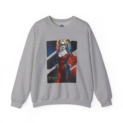 Harley Quinn Sweatshirt, DC Comics Crewneck, Iconic Comic Apparel for Fans — gray crewneck with red-and-black Harley Quinn artwork