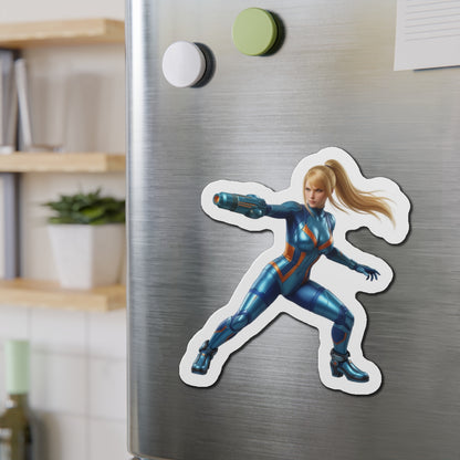 Samus Aran Magnet – Classic Sci-Fi Game Character Fridge Magnet, Decor on stainless steel fridge showing die-cut vinyl Samus Aran artwork