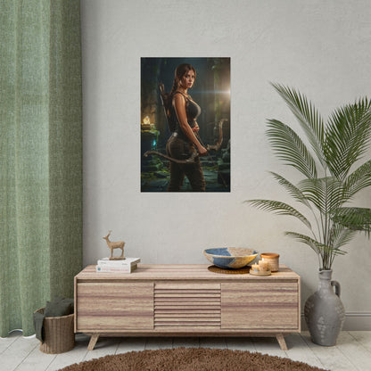 Lara Croft Poster, Tomb Raider Art Print – Iconic Explorer Gift Wall Art hanging in modern gaming room above wooden console