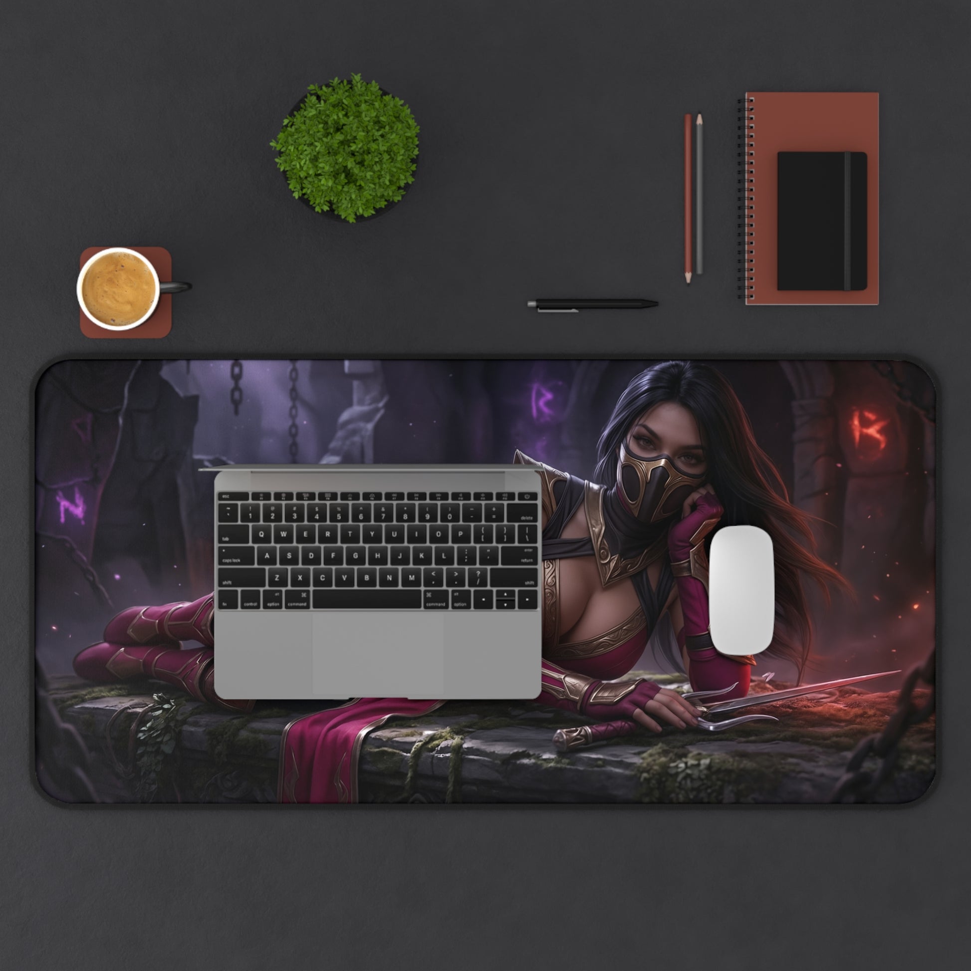 Mileena Gaming Mouse Pad, Mortal Kombat Desk Mat, Outworld Assassin Setup featuring Mileena reclining artwork on large gaming desk mat