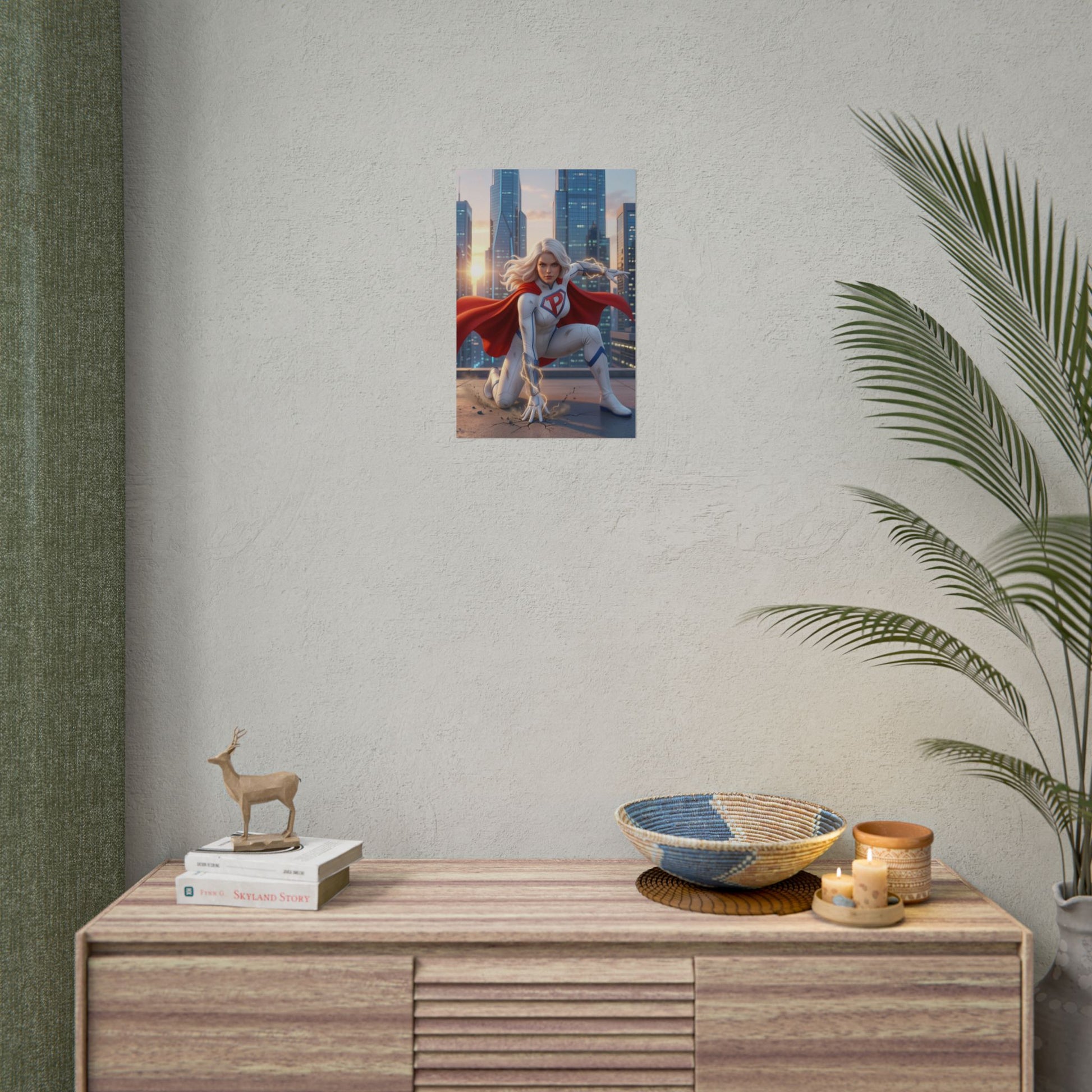 Power Girl Poster, DC Comics Art Print – Superhero Wall Art on modern game-room wall above console, vibrant superhero decor