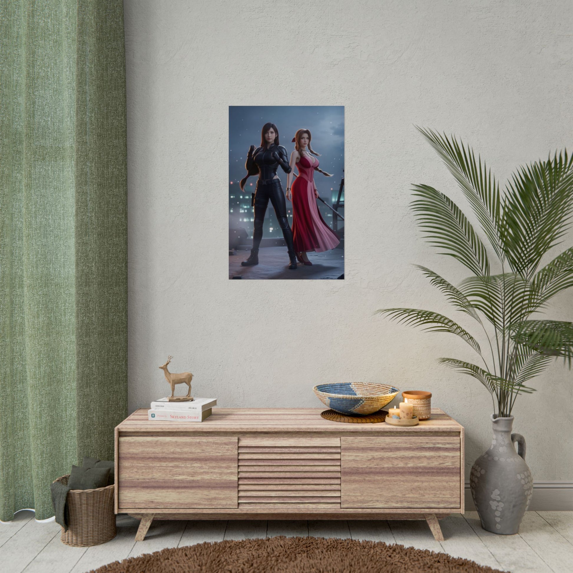 Tifa Aerith Poster, Final Fantasy Wall Art Print – Gaming Decor hanging above modern console in gaming room