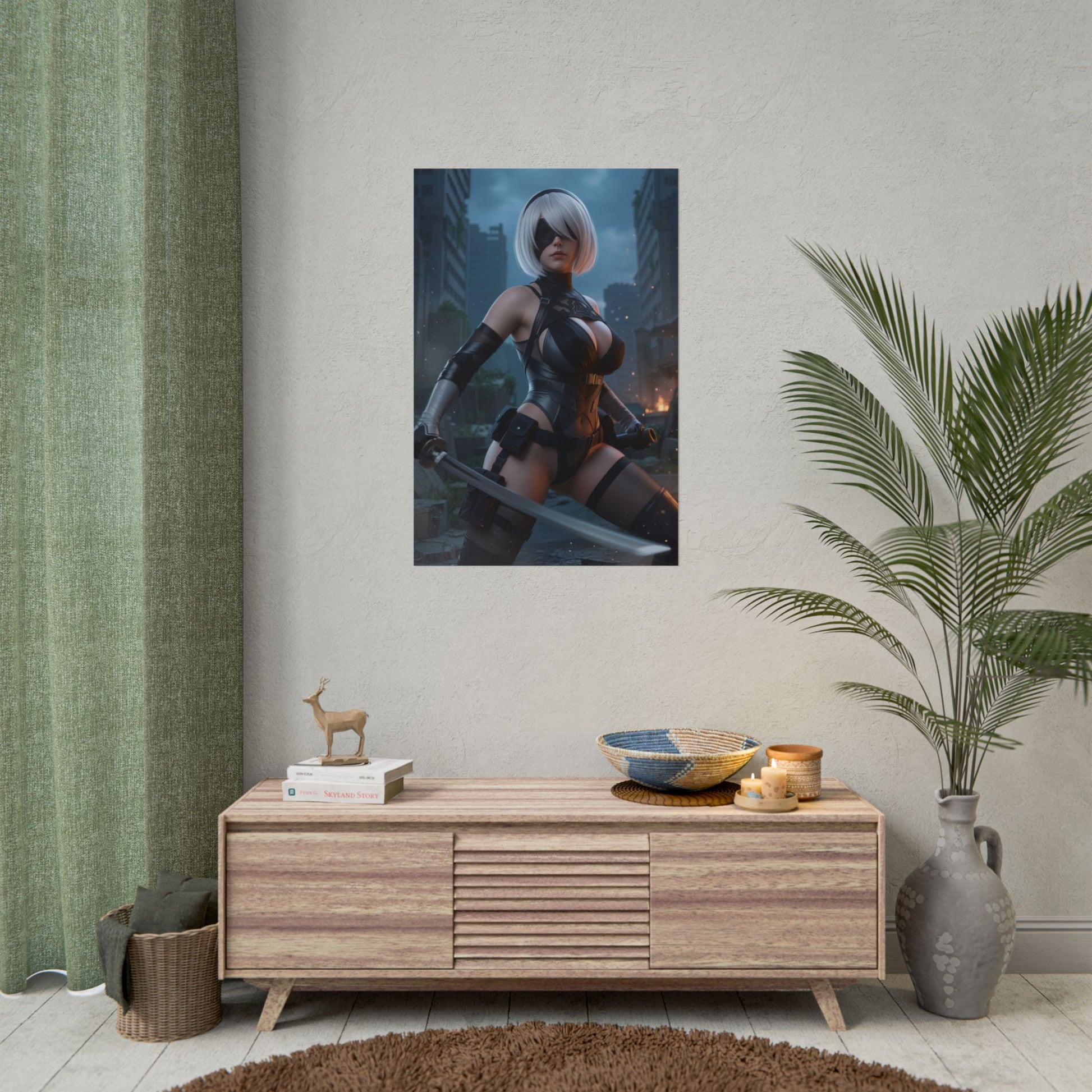 2B Poster, Nier Automata Art Print – Iconic Android Warrior Wall Art showing 2B in combat-ready pose as gamer room centerpiece