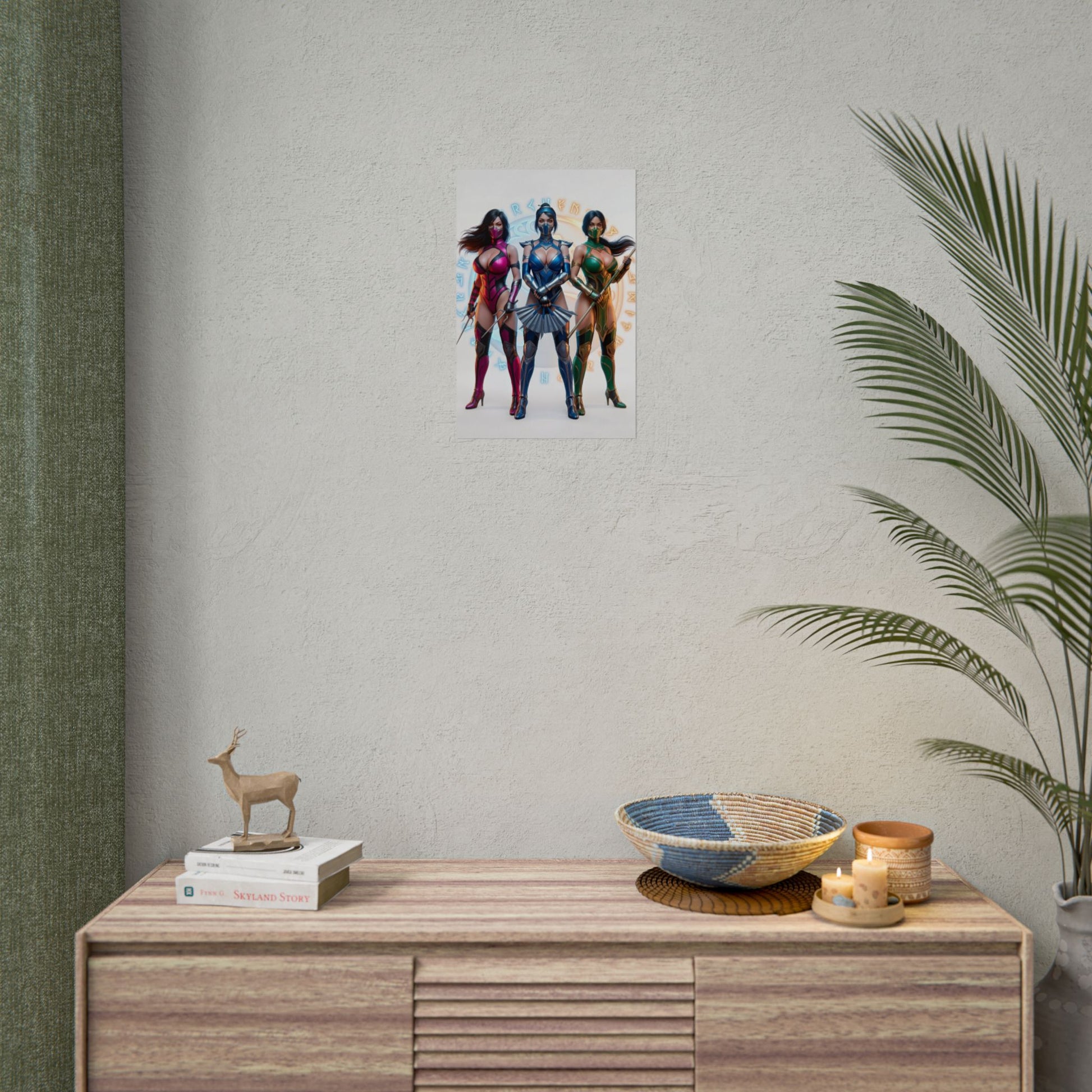 Kitana Jade Mileena Poster, Mortal Kombat Art Print – Iconic Fighter Trio hanging above modern console in gamer room decor