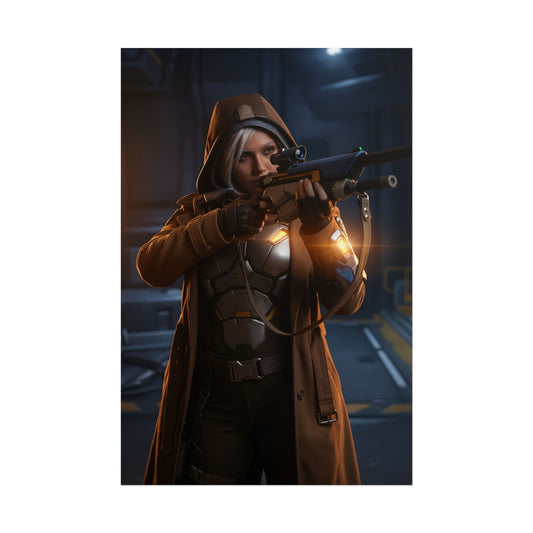 Ana Poster, Overwatch Art Print – Iconic Support Sniper Heroine showing Ana aiming sniper rifle in futuristic esports room