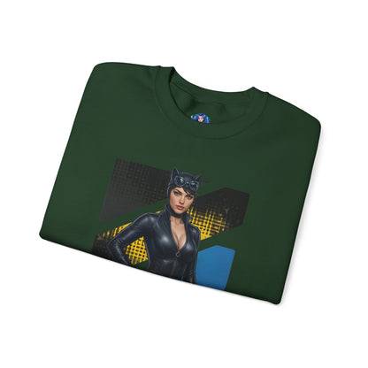 Catwoman Sweatshirt, DC Comics Crewneck, Sleek Superhero Apparel for Fans folded dark green crewneck with Catwoman graphic and cityscape accents