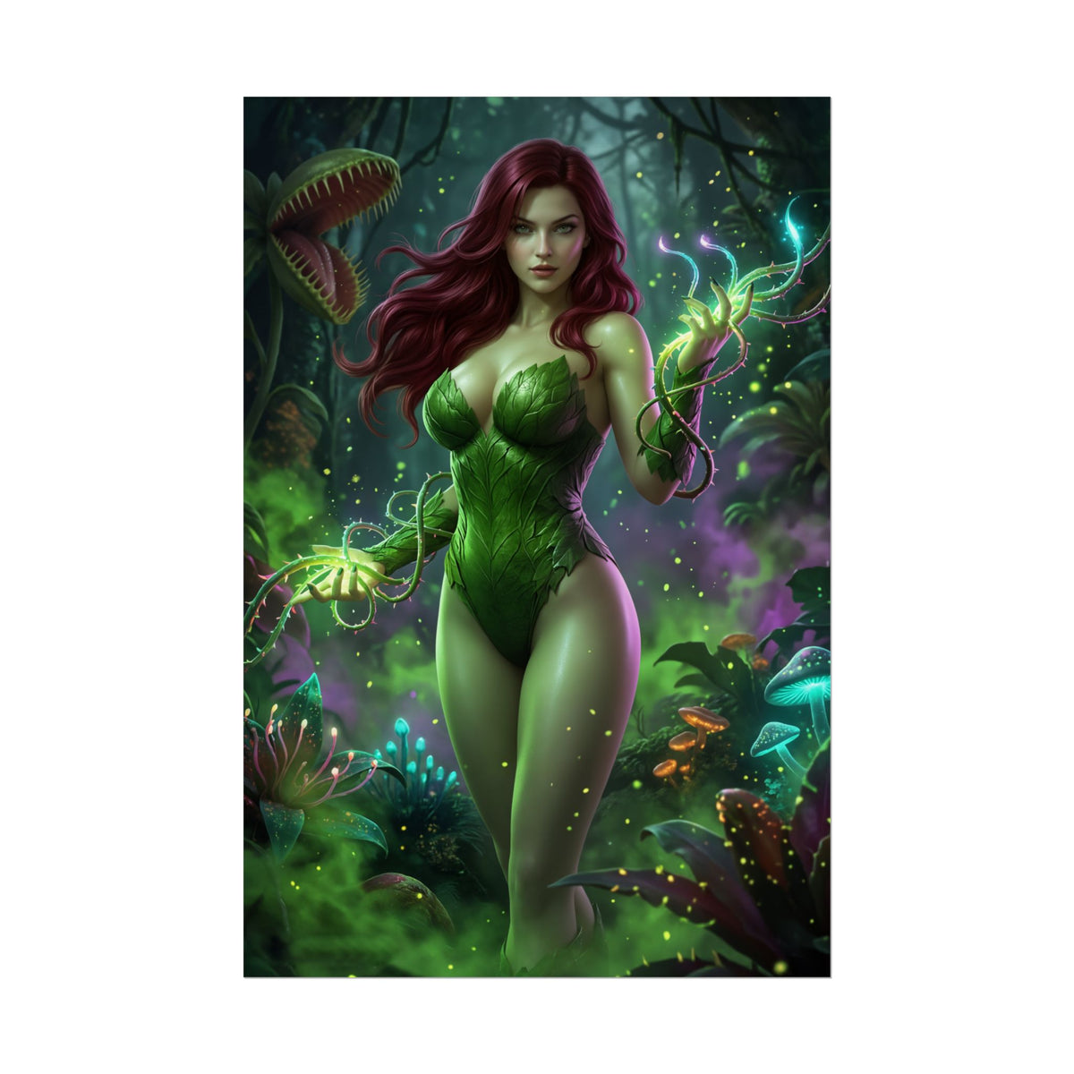 Poison Ivy Poster, DC Art Print  Iconic Comic Villain Heroine Wall Art featuring a vivid nature-powered Poison Ivy character in lush green forest