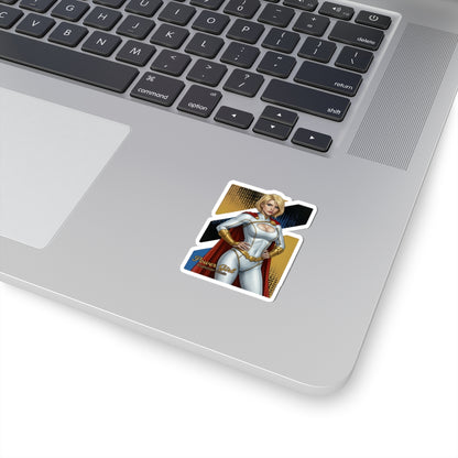Power Girl Sticker – Comic Heroine Vinyl Sticker for Laptops & Indoor Decor on silver laptop showing glossy vibrant print and bubble-free application