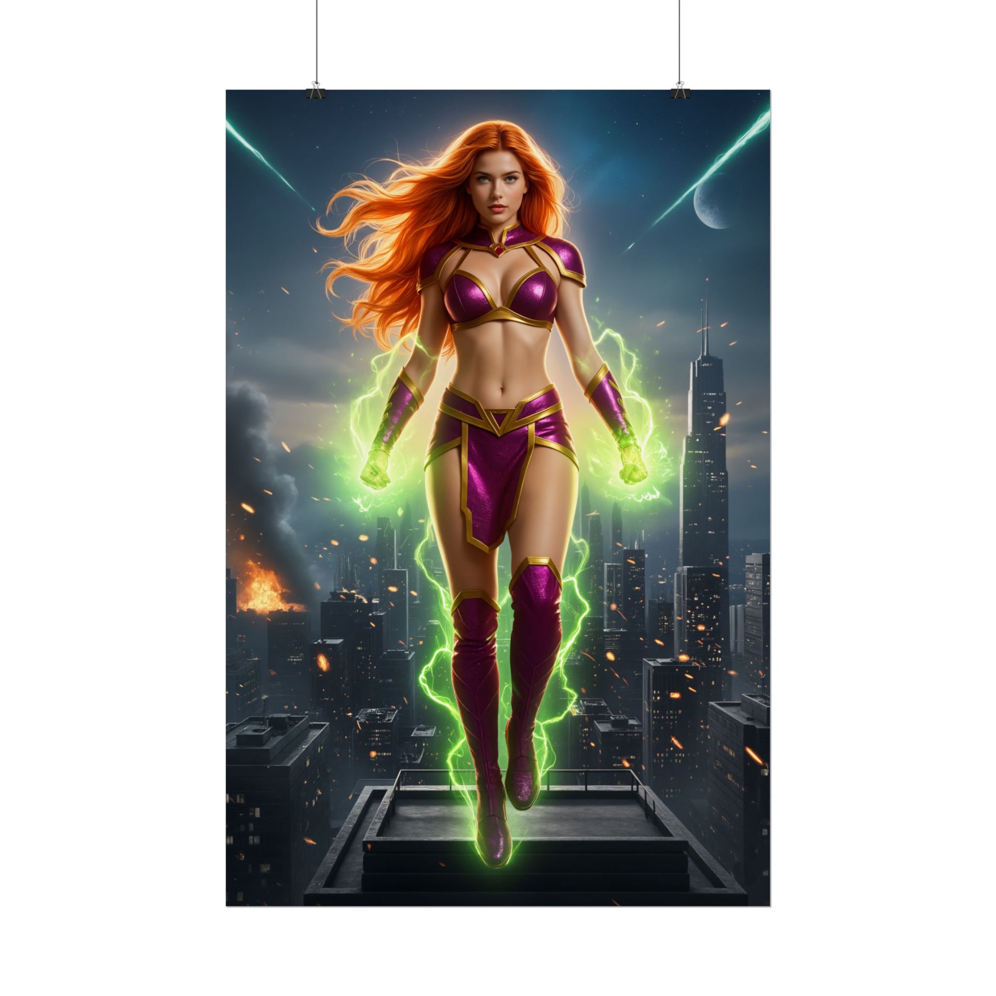 Starfire Poster, Teen Titans Art Print, Iconic Alien Hero Wall Decor featuring radiant red-haired heroine with glowing green energy over city skyline