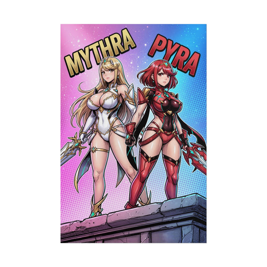 Mythra Pyra Poster / Mythra Pyra Wall Art / Mythra Pyra Art Print / JRPG Poster - vibrant JRPG poster of Mythra and Pyra standing back-to-back in contrasting armor