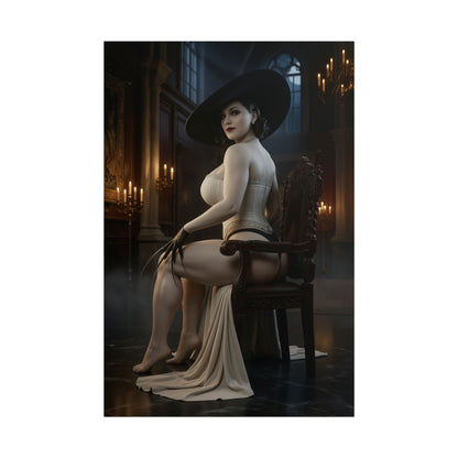 Lady Dimitrescu Poster Resident Evil Wall Art Print Gothic Room Decor - elegant vampire in candlelit castle, gothic feminine portrait poster