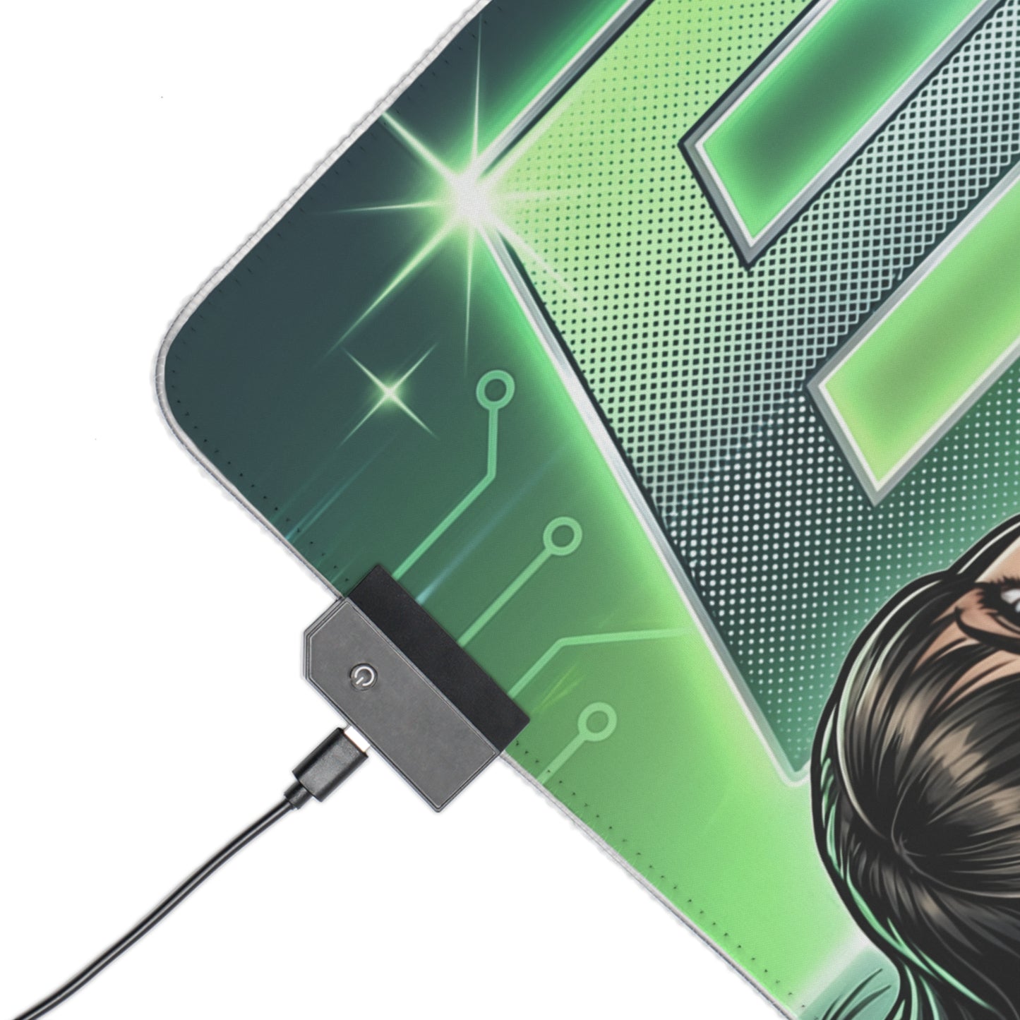 EVE RGB Desk Mat, Stellar Blade Gaming Mouse Pad, LED Desk Mat for Futuristic Setup showcasing green circuit art, LED connector and stitched edge
