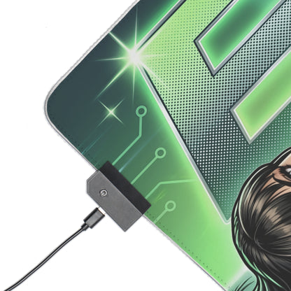 EVE RGB Desk Mat, Stellar Blade Gaming Mouse Pad, LED Desk Mat for Futuristic Setup showcasing green circuit art, LED connector and stitched edge
