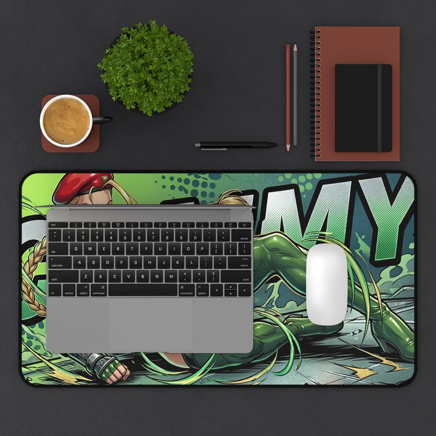 Cammy Desk Mat, Street Fighter Mouse Pad, Gaming Setup Desk Decor — wide character art desk mat with non-slip base and stitched edges