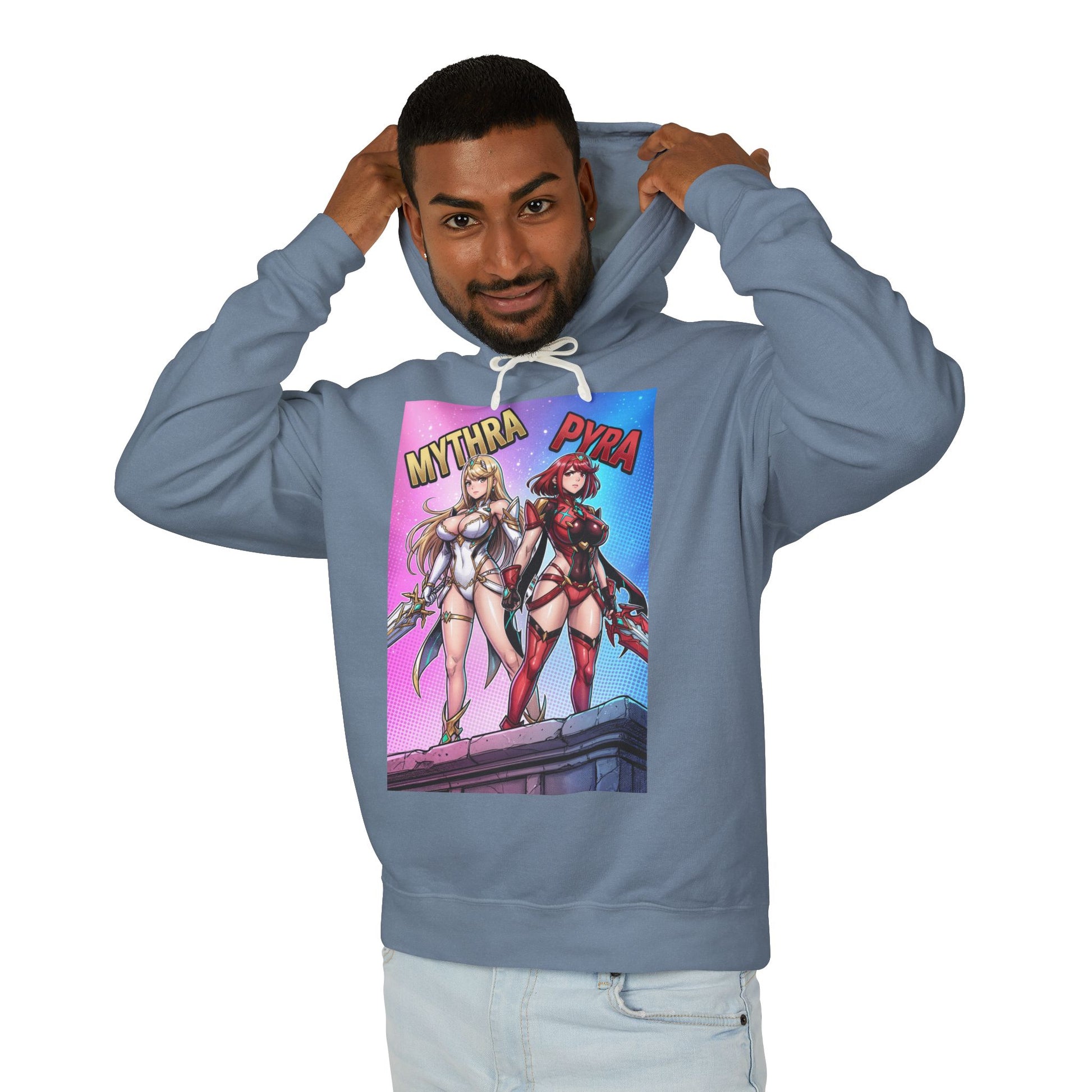 Mythra & Pyra Hoodie | JRPG Fantasy Hoodie | Anime Warrior Pullover - model wearing blue pullover with Mythra and Pyra anime artwork