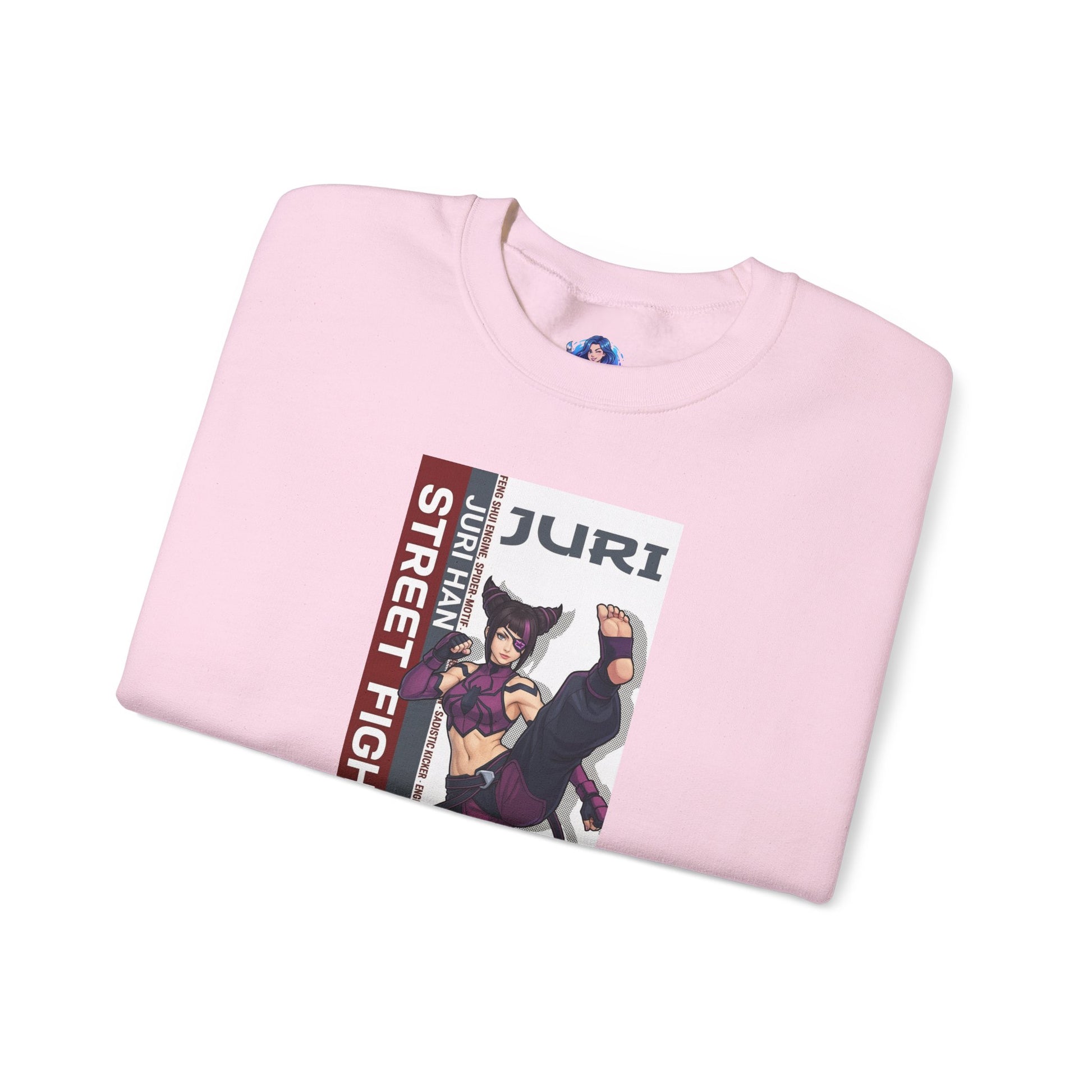 Juri Sweatshirt, Street Fighter Crewneck, Bold Fighting Game Apparel for Fans - pink crewneck with Juri character artwork