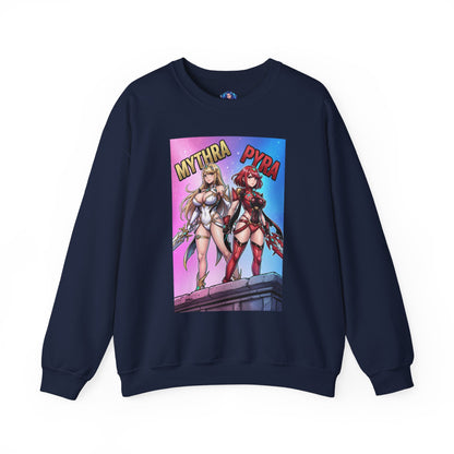Mythra and Pyra Sweatshirt, Fantasy RPG Crewneck, Anime-Inspired Fan Apparel - navy crewneck with vibrant Mythra and Pyra artwork