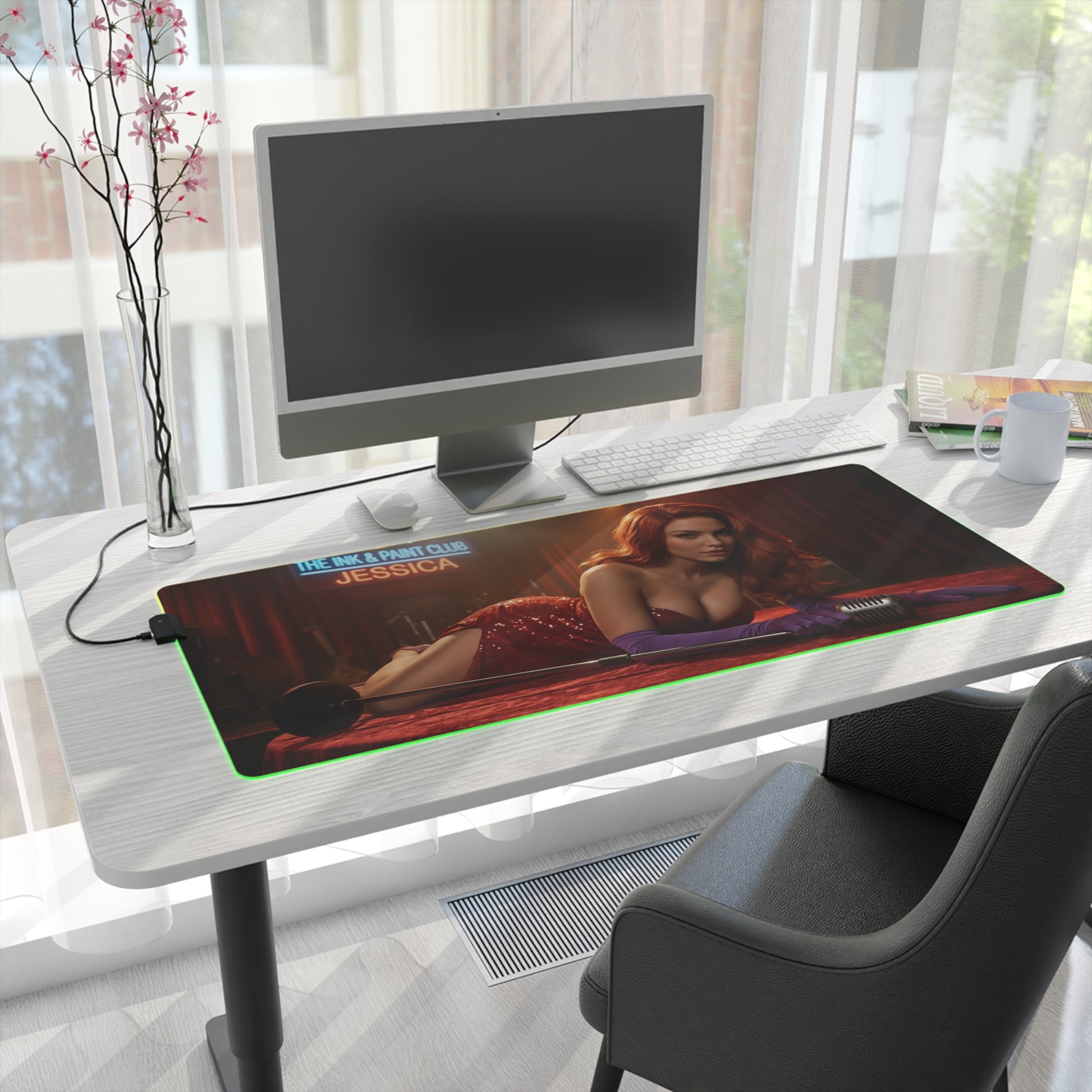 Jessica Rabbit Desk Mat – LED RGB Pad, Waifu Anime Girl Setup on clean white desk with monitor and RGB glow