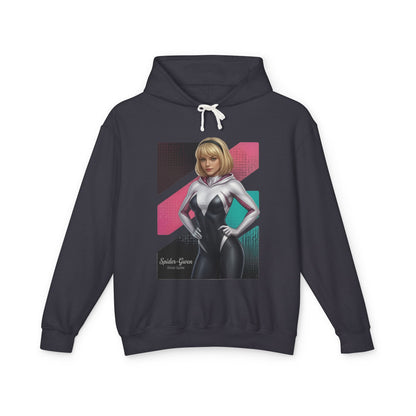 Spider-Gwen Hoodie | Marvel Comics Hoodie | Anime Spider Heroine Pullover front view black pullover with anime-style Spider-Gwen illustration