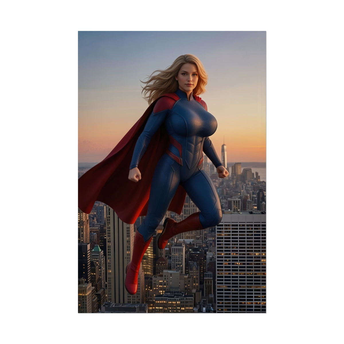 Supergirl Poster, DC Comics Art Print  Superhero Wall Art showing blonde superheroine in blue suit and red cape flying above city skyline at sunset