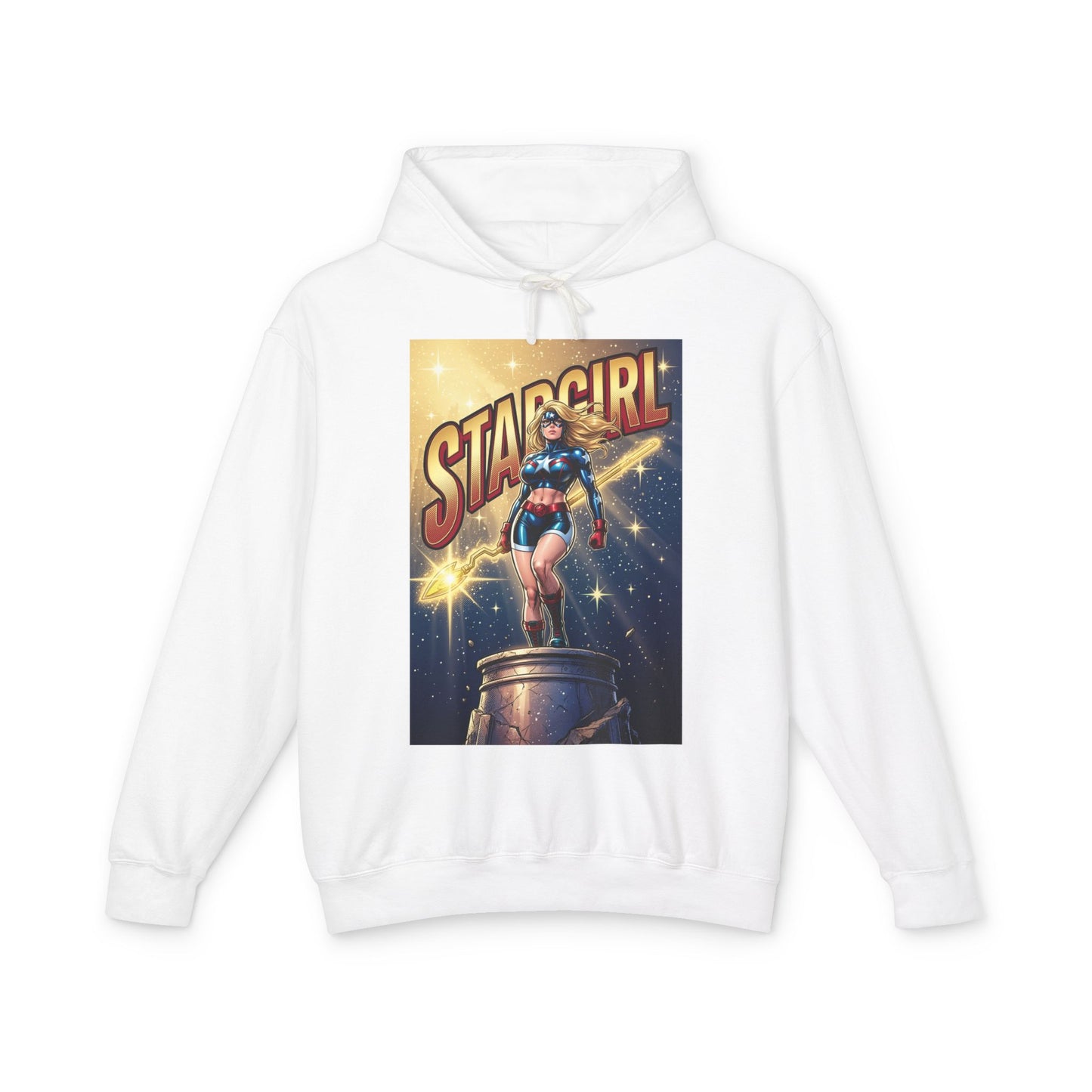 Stargirl Hoodie | DC Superhero Hoodie | Cosmic Staff Pullover - white cotton pullover with Stargirl graphic and cosmic staff design