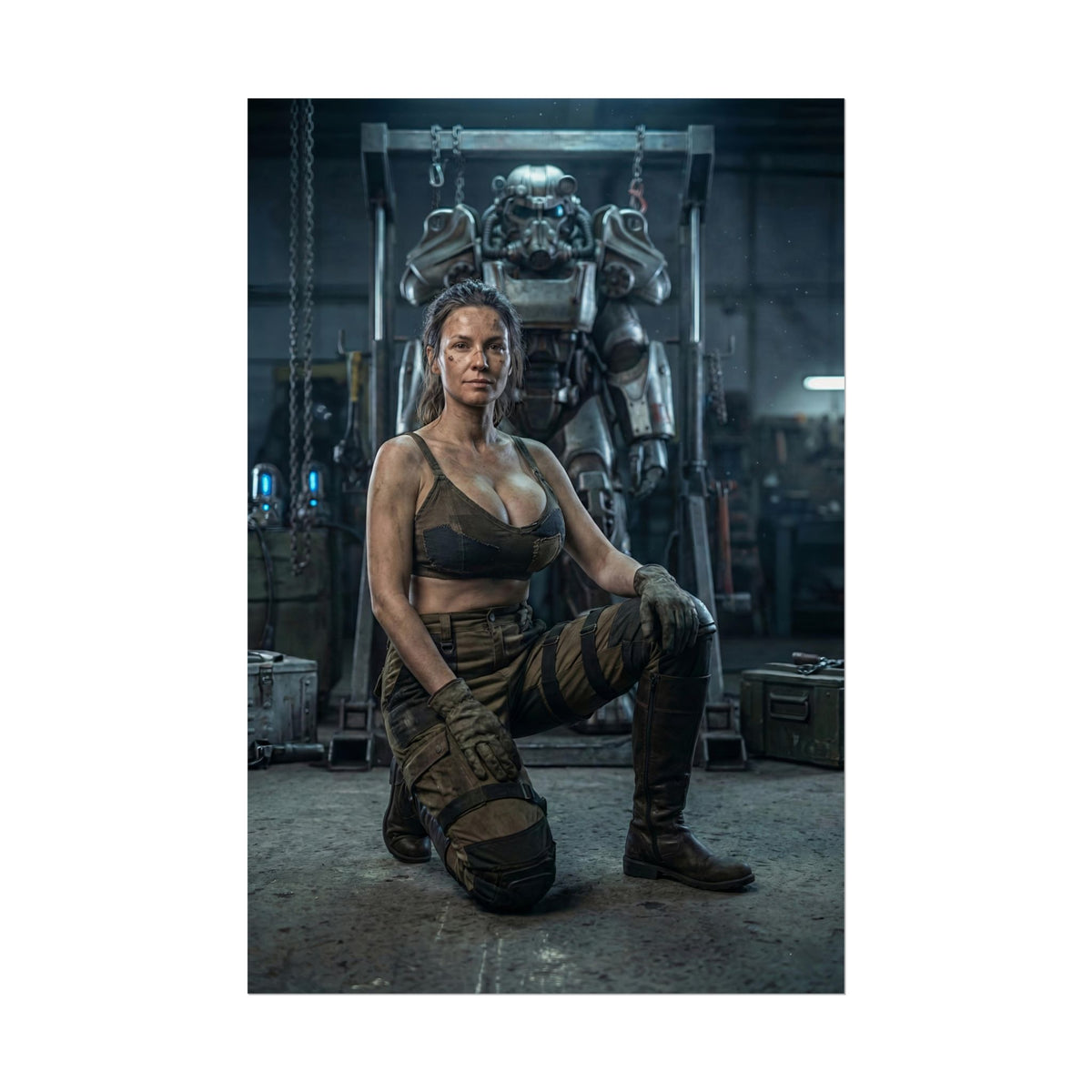 Fallout Survivor Woman Poster / Fallout Survivor Wall Art / Fallout Survivor Art Print / Fallout Poster - realistic hardened woman kneeling in workshop with power armor behind