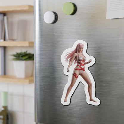 Zero Two Magnet – Anime Character Fridge Magnet, Sci-Fi Decor showing die-cut vinyl magnet of confident anime Zero Two on stainless steel fridge