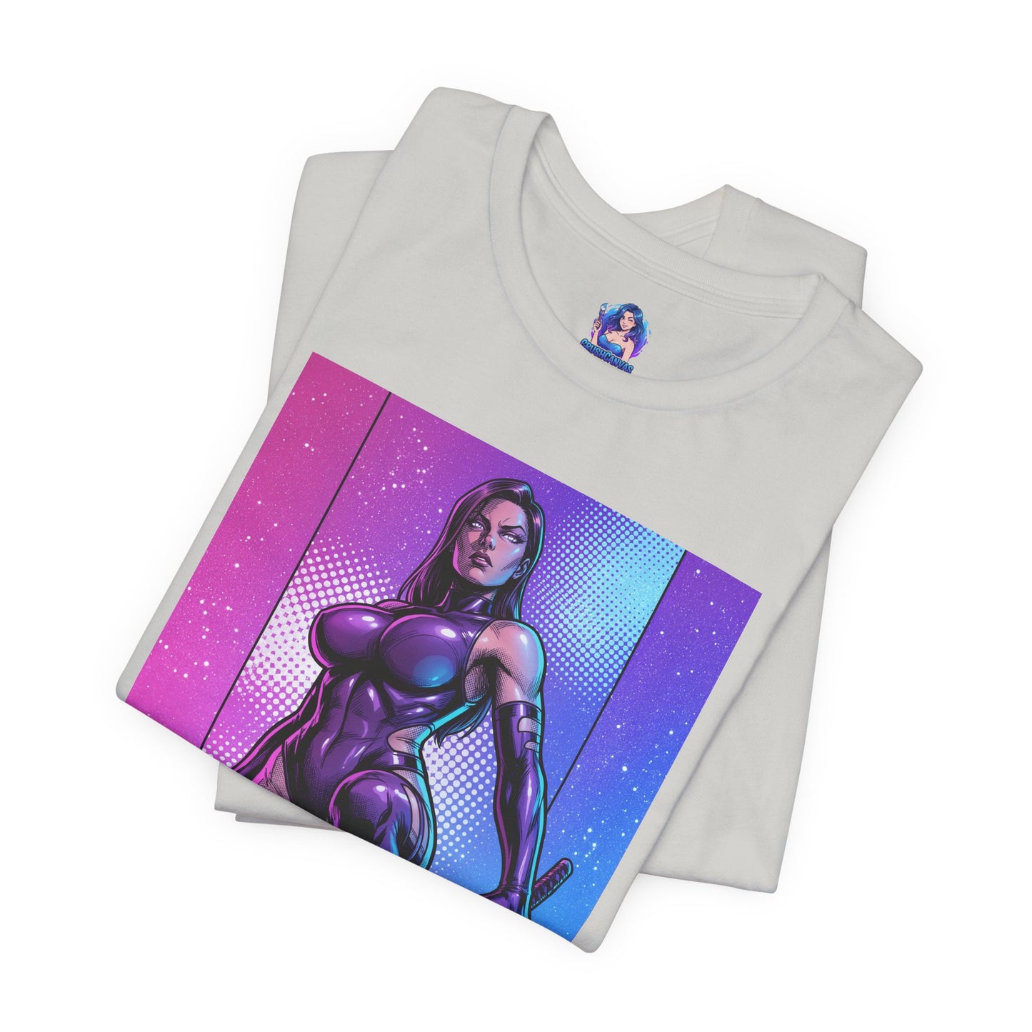 Psylocke T-Shirt | X-Men Anime Style Comic Tee showing Psylocke in sleek bodysuit with blade against vibrant split-color backdrop on white Bella Canvas tee