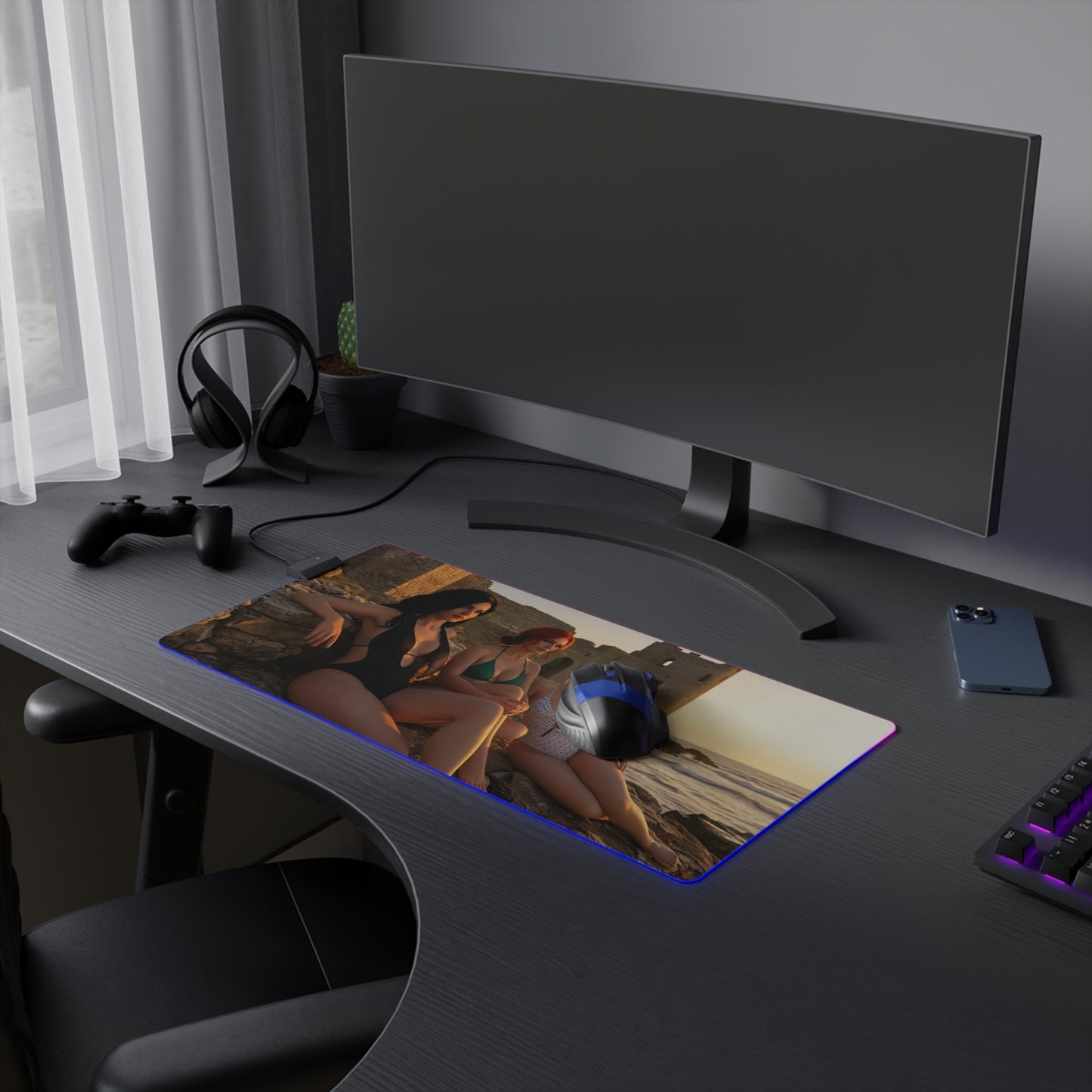 Ciri, Triss Merigold & Yennefer Desk Mat – LED RGB Pad on gaming desk with curved monitor, RGB lighting and accessories