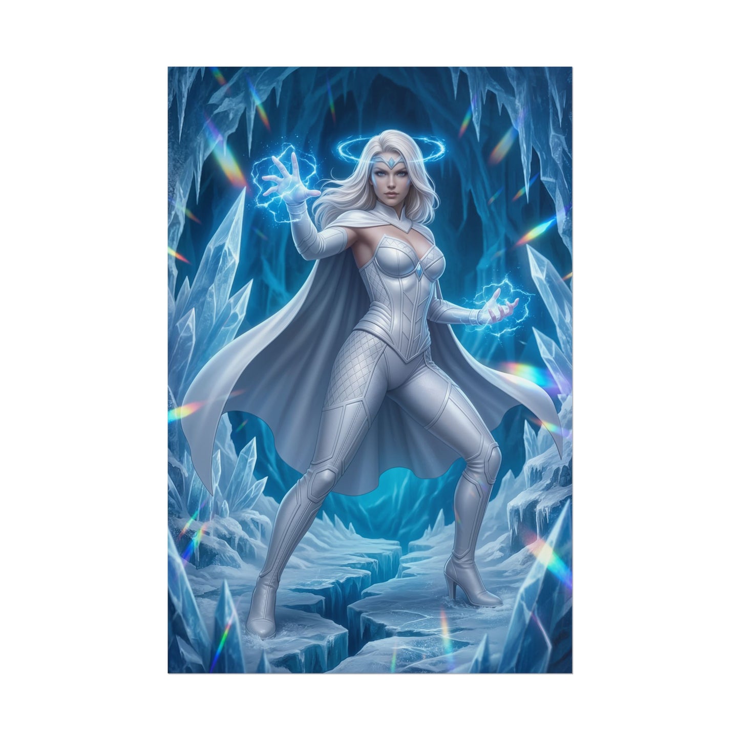 Emma Frost Poster, Marvel Wall Art Print – Comic Heroine Decor showing Emma Frost in icy cave using telepathic and diamond powers, premium comic wall art