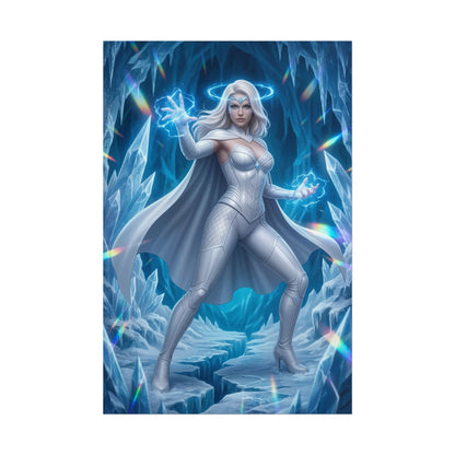 Emma Frost Poster, Marvel Wall Art Print – Comic Heroine Decor showing Emma Frost in icy cave using telepathic and diamond powers, premium comic wall art
